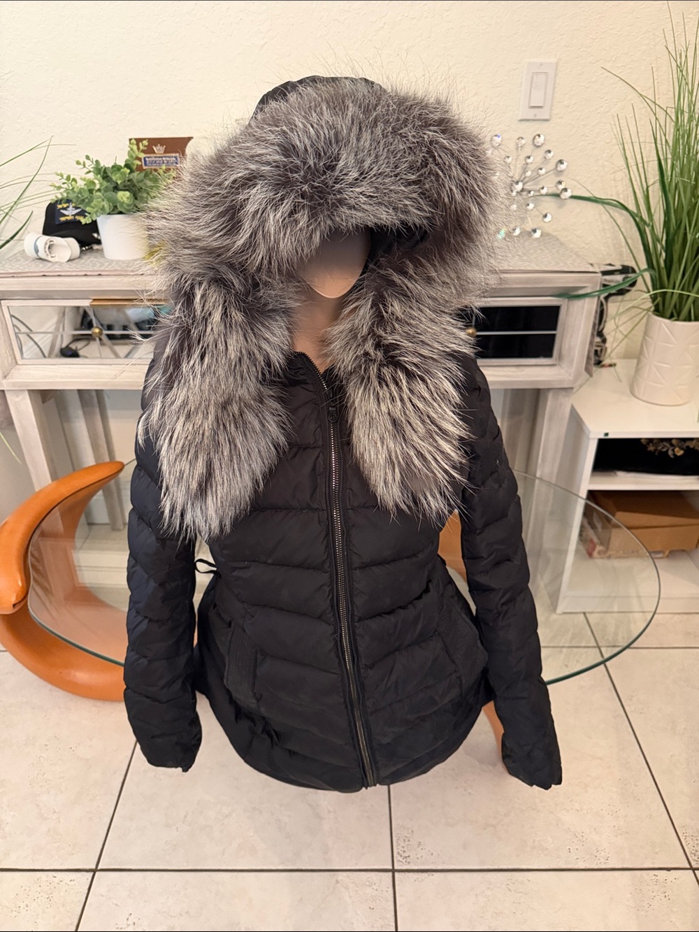 Women's Black Puffer Jacket with Faux Fur Hood